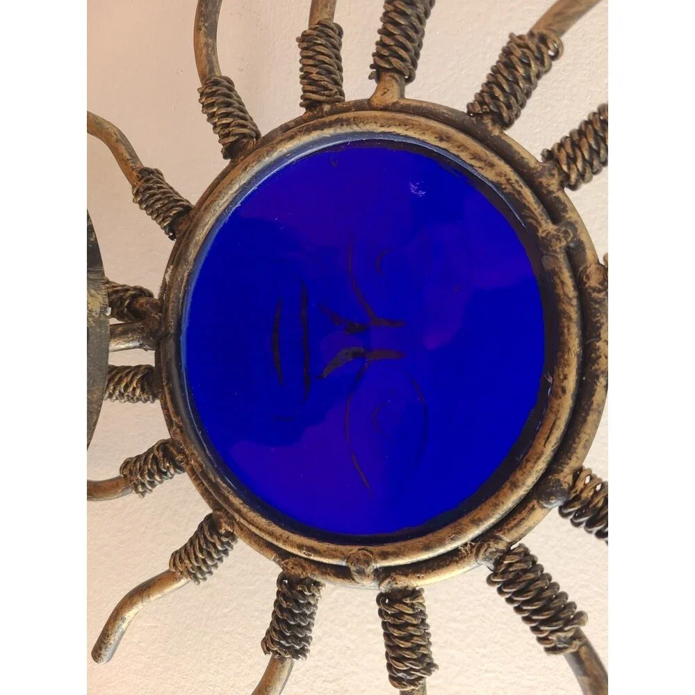 Cobalt Blue Glass Metal Celestial Candle Holder Brass Finish  11
